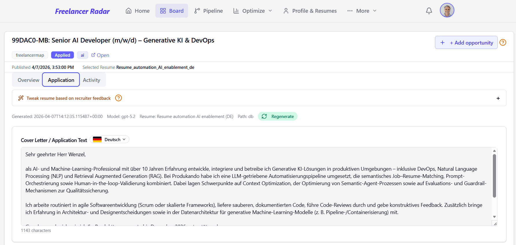 Application view showing a generated cover letter for a Senior AI Developer role